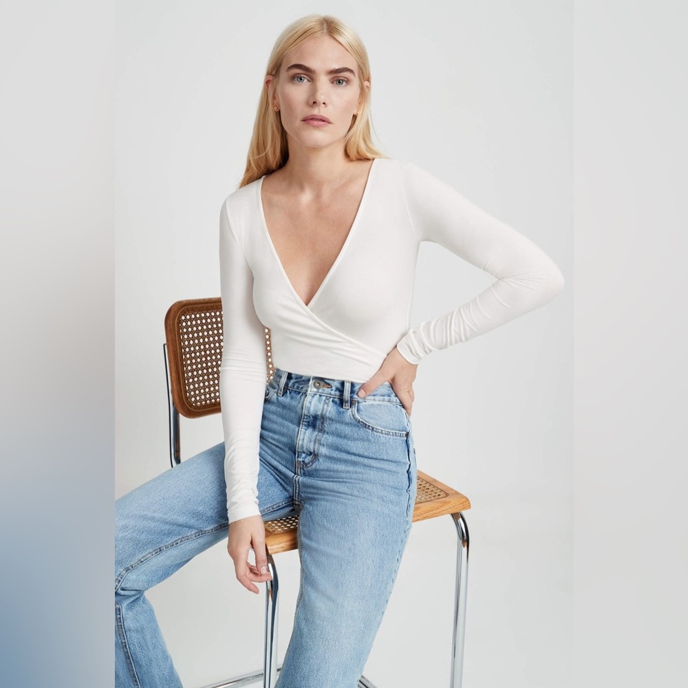 Marcella Zora Bodysuit XS Off White Sustainable V-Neck Wrap One Piece NWT